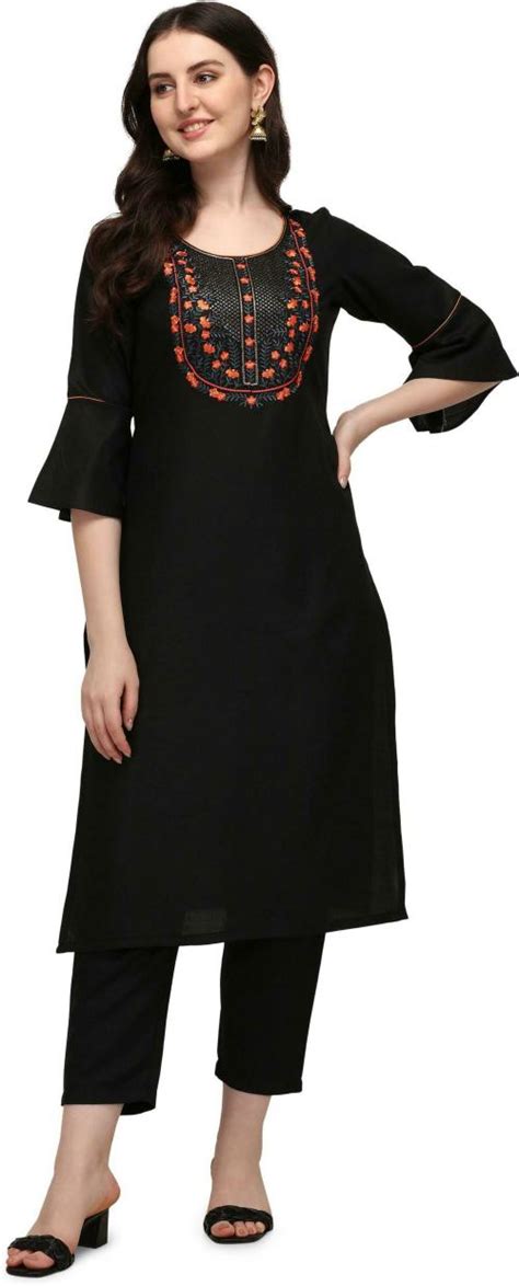 Buy Saadhvi Women Black Embroidered Pure Cotton Kurta Suit Set Online