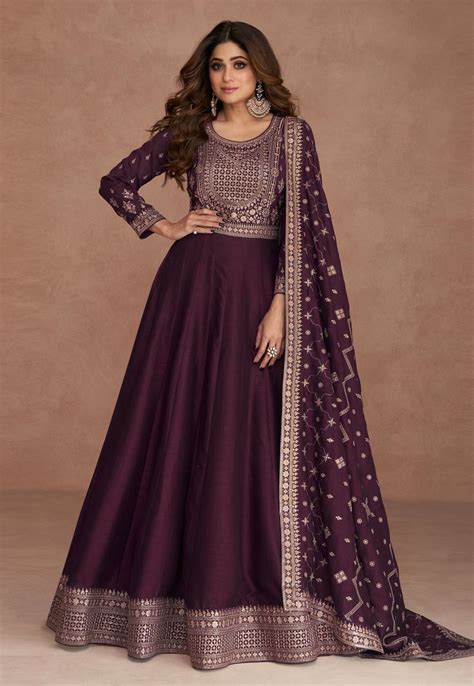 Shamita Shetty Silk Long Anarkali Suit In Wine Colour 9520 Desc Style