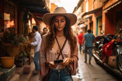 Chica usando teléfono en las calles de américa latina Foto Premium