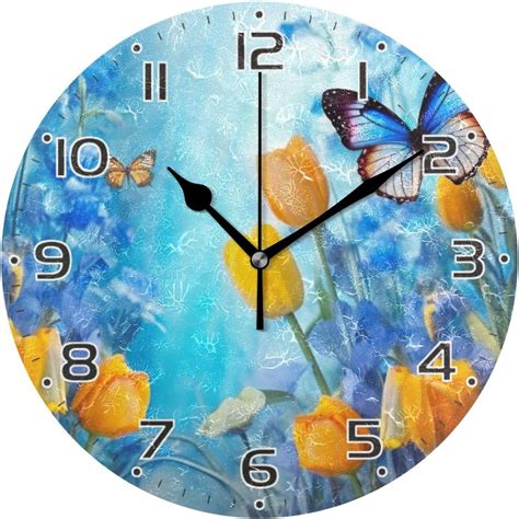 Gzhjmy Butterflies Blue Clock Silent Round Wall Clock Non Ticking