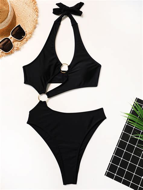 Ring Linked Cut Out Halter One Piece Swimsuit Shein Usa