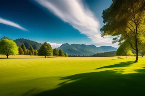 Premium Ai Image A Green Golf Course With Trees And Mountains In The