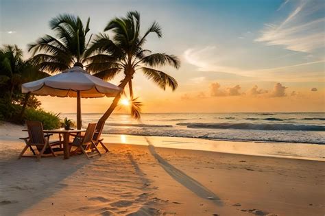 Premium Photo A Beach With A Sunset And A Beach Umbrella