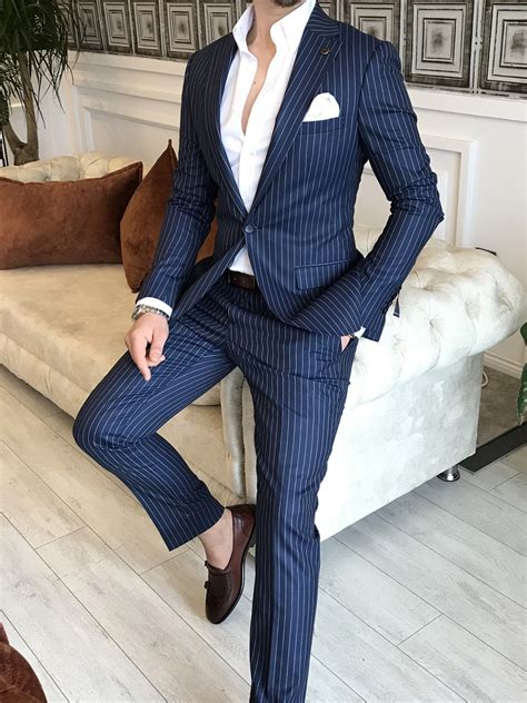 Blue Slim Fit Piece Peak Lapel Pinstripe Suit For Men Gentwith