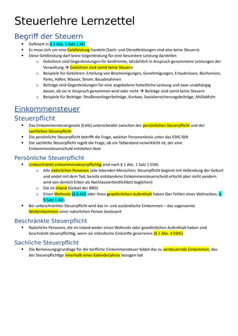 Steuerlehre Lernzettel Einkommensteuer Steuerlehre Lernzettel Begriff