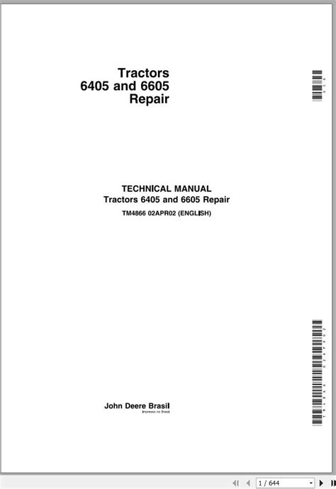 John Deere Agricultural Tractors 6405 6605 Technical Manual PDF TM4866