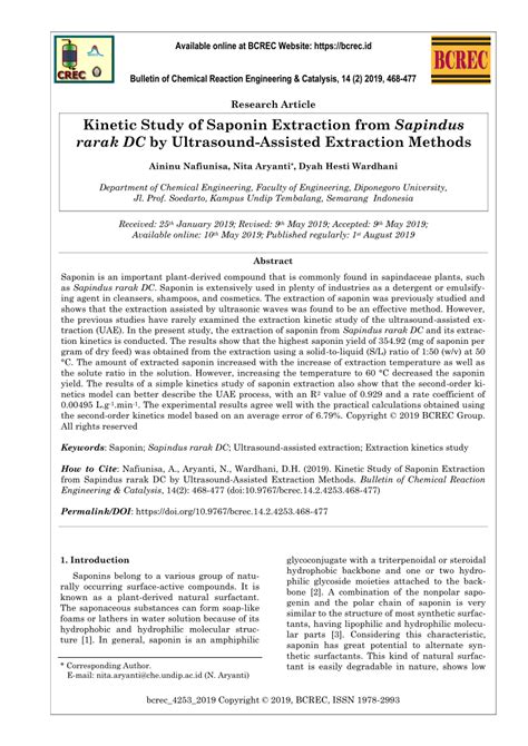 (PDF) Kinetic Study of Saponin Extraction from Sapindus rarak DC by ...