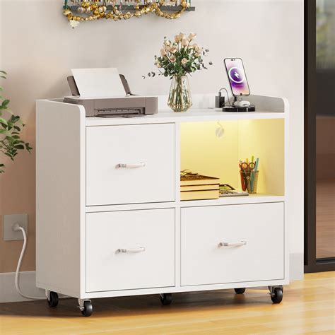 DWVO 3 Drawer Wood File Cabinet With Charging Station LED Light