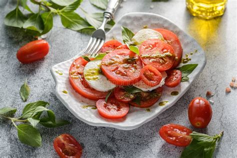 Caprese Salad With Pesto Sauce Stock Image Image Of Ingredient Table