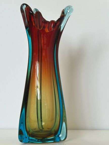 Vintage Murano Blue Red Orange Green Swung Art Vase Baer