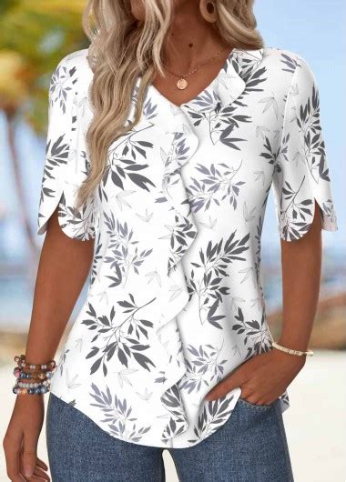 Rotita Ruffle Leaf Print White V Neck Half Sleeve Blouse Rotita