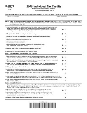 Fillable Online Dor State Nc B2000b Individual Tax Credits NC