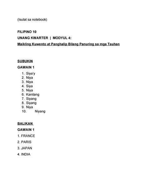 Filipino Modyul 4 Isulat Sa Notebook FILIPINO 10 UNANG KWARTER