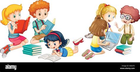 Kids reading books and working on computer illustration Stock Vector ...