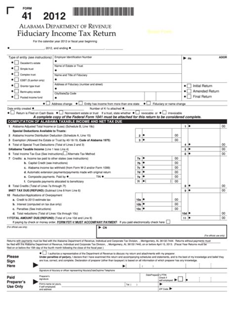 Fillable Form 41 Fiduciary Income Tax Return 2012 Printable Pdf