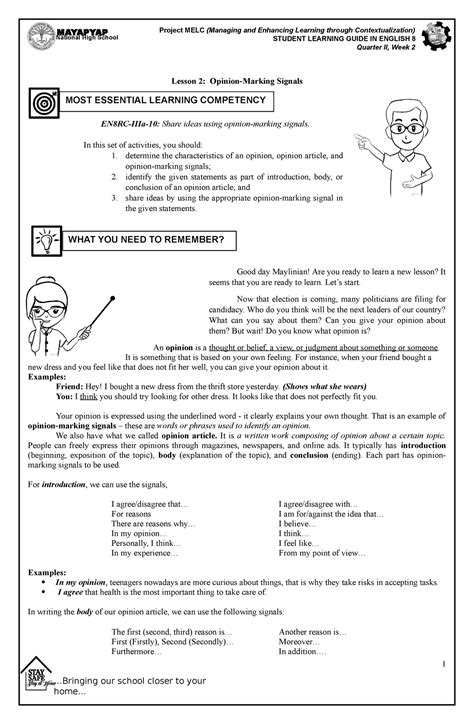 English 8 Q2W2 English Materials Our School Closer To Your