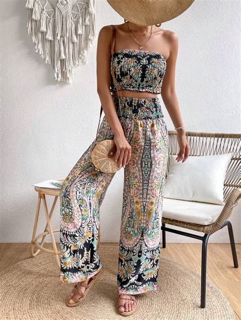 Shein Vcay Floral Print Tube Top Wide Leg Pants Shein Usa