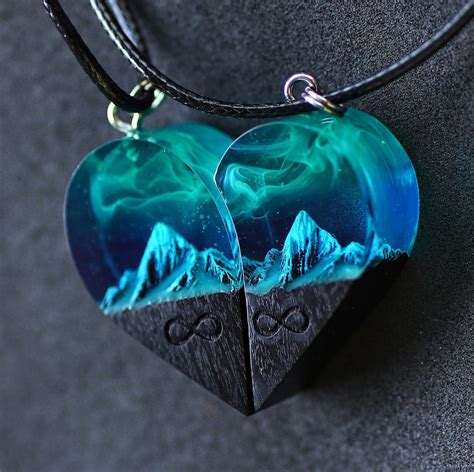 Wood Resin Paired Heart Pendants Mountains Secret Magical World Inside