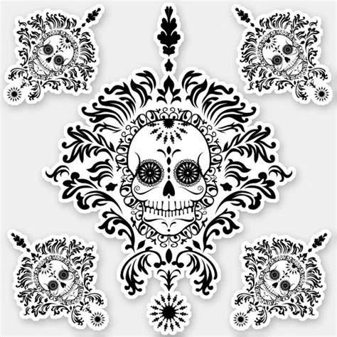 Black And White Ornate Day Of The Dead Sugar Skulls Sticker Zazzle