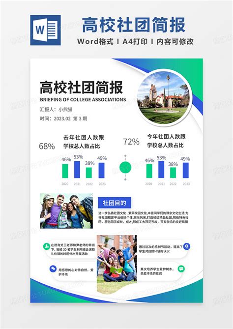 蓝绿简约高校社团简报word模板下载熊猫办公