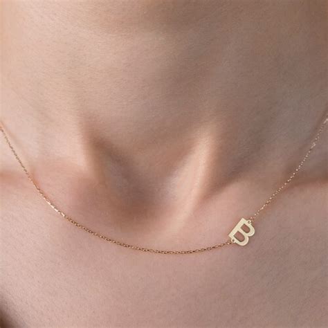 14K Solid Gold Sideways Necklace Custom Initial Necklace Etsy