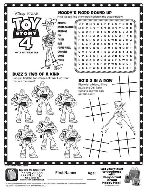 Toy Story 4 Mcdonalds Happy Meal Coloring Activities Sheet Kids Time