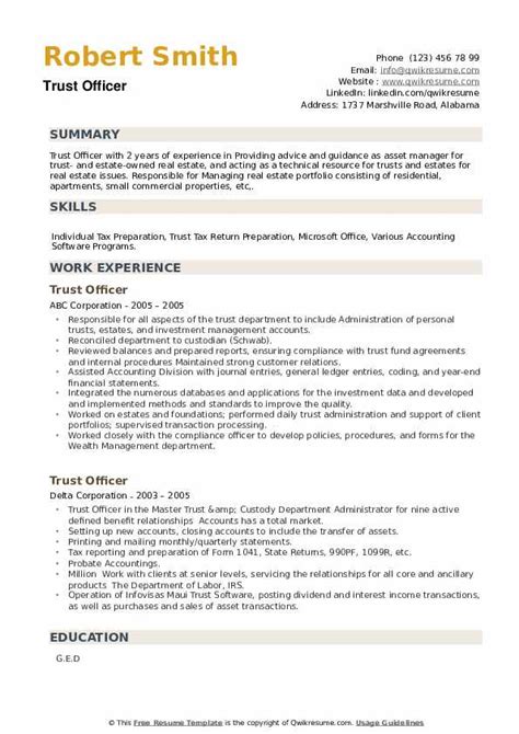 Trust Officer Resume Samples Qwikresume