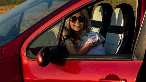 Beautiful Blonde Woman Red Car Field Stock Photo Image Of Color