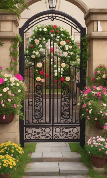 Beautiful Metal Gate With Floral Premium Ai Generated Image