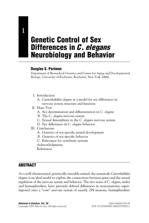 Pdf Genetic Control Of Sex Differences In C Elegans Neurobiology And