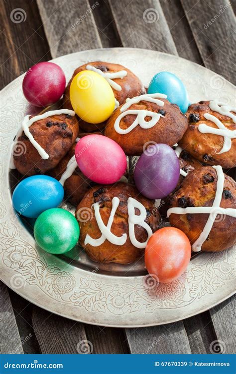 Easter Hot Cross Buns And Colored Eggs Stock Image Image Of Color Cake 67670339
