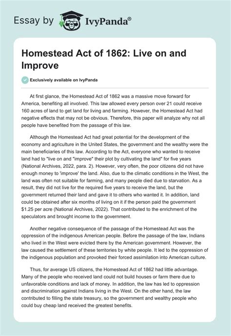 Homestead Act Of 1862 Live On And Improve 380 Words Essay Example