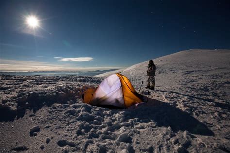 Camping Winter Mountains Orange Tent Night Stock Photos Free