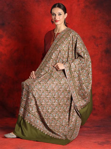 Pure Pashmina Sozni Henna Green Colored Jamawar Shawl With All Over