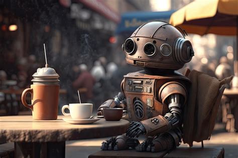 Premium Ai Image Robots Sitting At A Table In A Restaurant With A Cup