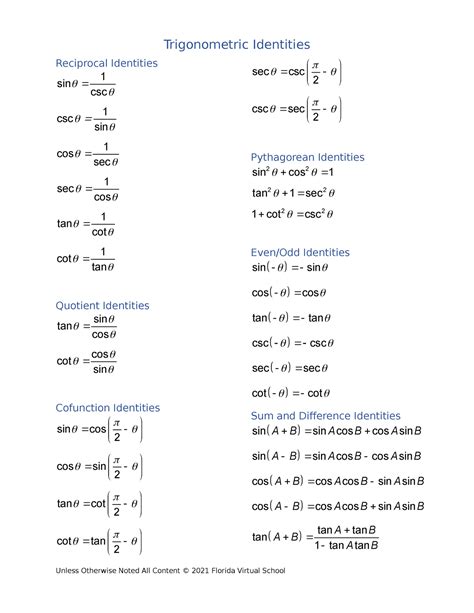 Aj Pinney Trig Identities Equations Trigonometric Identities Reciprocal Identities 1 Sin Csc