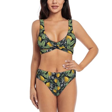 Wukai Hand Drawn Citrus Fruits Elegant Lemons Women S Bikini Set Two Piece Wimsuit High Waisted