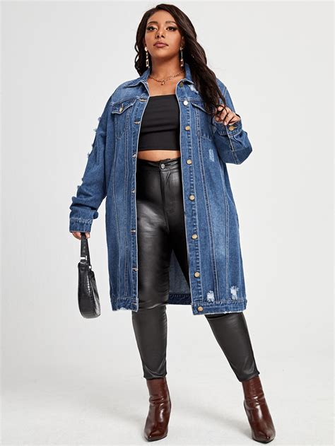 Plus Ripped Drop Shoulder Denim Jacket Shein Usa