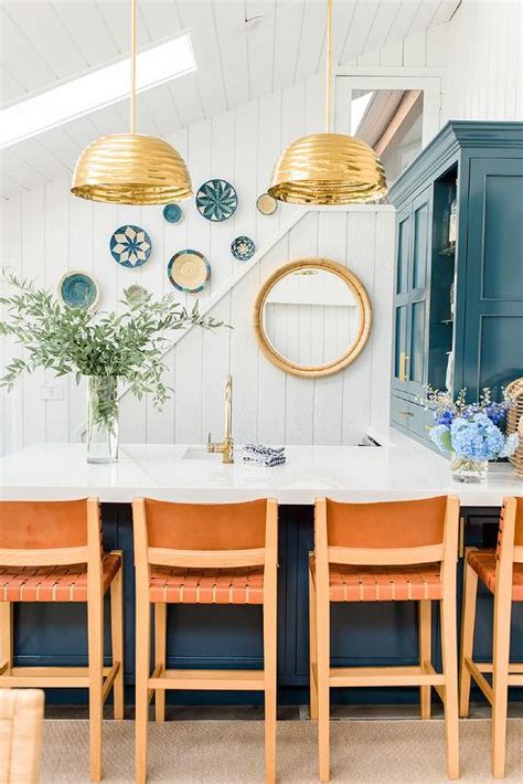 Orange Leather Stools At Blue Kitchen Peninsula Transitional Kitchen