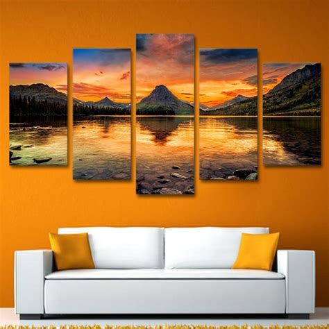 Sunset Lake View Nature 5 Panel Canvas Art Wall Decor Canvas Storm