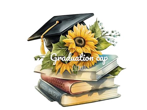 Watercolor Graduation Cap With Sunflowers Clipart High Quality Digital