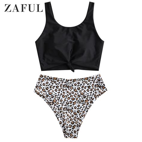 Zaful For Women S Swimwear Knot Dalmatian Print High Waisted Tankini