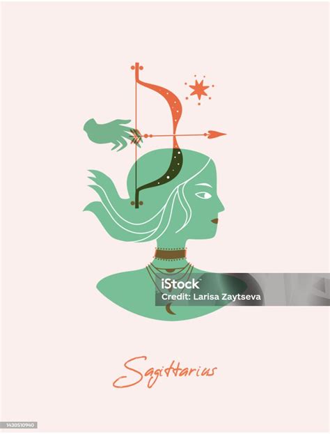 Zodiac Sign Sagittarius Card Female Green Silhouette Of A Warrior With A Bow And Arrow Vector