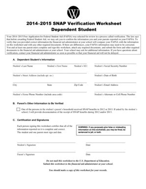 Fillable Online Wallace 2014 2015 SNAP Verification Worksheet Dependent