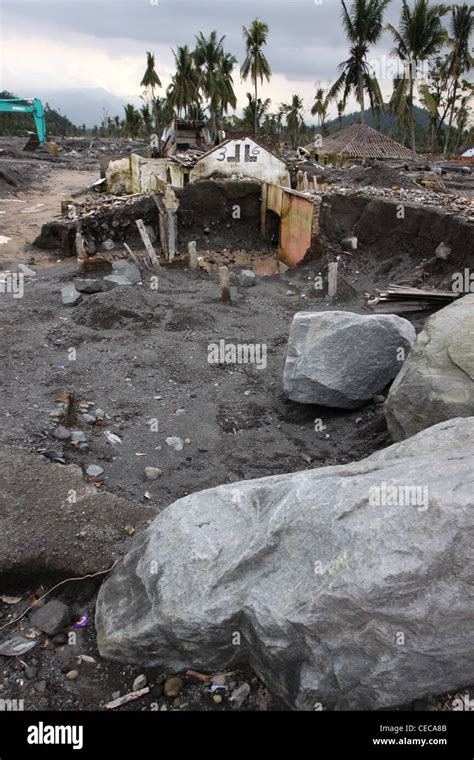 Lahar damage village from Mt. Merapi volcano eruption Yogyakarta ...