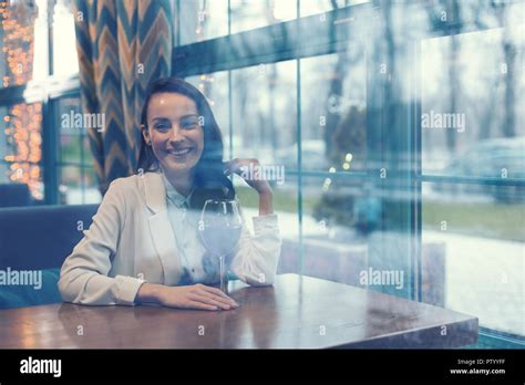 Positive Delighted Brunette Visiting Her Favorite Cafe Stock Photo Alamy