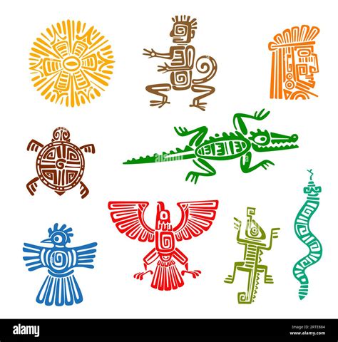 Mayan Aztec Totems Of Ancient Mexican Eagle Bird Monkey Snake And