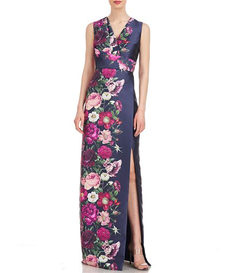 Kay Unger Floral Mikado V Neck Sleeveless Side Slit Gown Dillard S