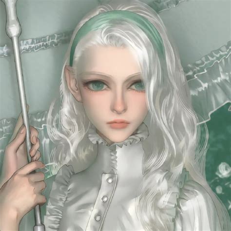 A Digital Painting Of A Woman With White Hair And Green Eyes Holding