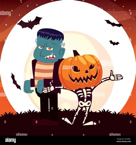 Halloween Skull Cartoon With Pumpkin Mask And Frankenstein At Night Design Holiday And Scary